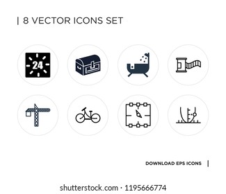 Collection of 8 simple icons such as Parabola, Wall clock, Bicycle, Crane, Film roll, Bathtub, Chest, 24 hours, universal set for web and mobile