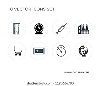 Collection of 8 simple icons such as Worldwide, Tea time, Safebox, Cart, Factory, Syringe, Clock, House, universal set for web and mobile