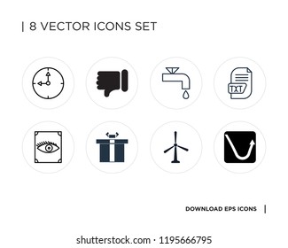 Collection of 8 simple icons such as Curves, Windmill, Gift, View, Txt, Watertap, Dislike, 24 hours, universal set for web and mobile