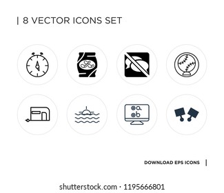 Collection of 8 simple icons such as Cufflinks, Test, Sea, Caravan, Baseball, No chatting, Chips, Stop watch, universal set for web and mobile