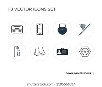 Collection of 8 simple icons such as Time, Id card, Nose, Shower, Billiard, Handbag, Smartphone, Air conditioner, universal set for web and mobile