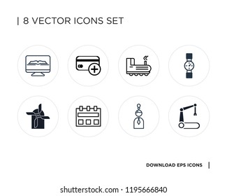 Collection of 8 simple icons such as Robotic arm, Idea, Calendar, Mill, Watch, Train, Cit card, Ebook, universal set for web and mobile