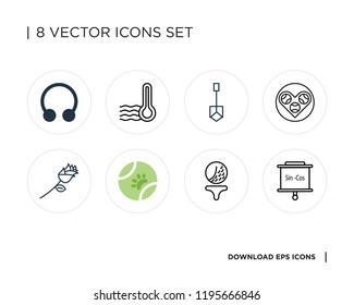 Collection of 8 simple icons such as Panel, Golf, Ball, Flower, Baseball, Shovel, Thermometer, Piercing, universal set for web and mobile