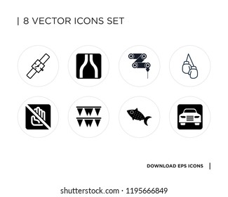 Collection of 8 simple icons such as Taxi, Fish, Garlands, Do not touch, Boxing gloves, Drilling machine, Narrow road, Watch, universal set for web and mobile