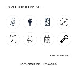 Collection of 8 simple icons such as Fish, Oxygen tank, Fat, Alarm clock, Bat, Map, Torch, Swimsuit, universal set for web and mobile