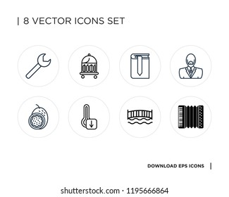 Collection of 8 simple icons such as Accordion, Bridge, Thermometer, Passion fruit, Man, Bookmark, Bellboy, Wrench, universal set for web and mobile