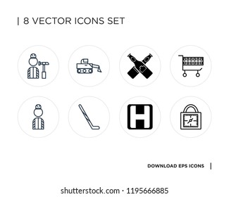 Collection of 8 simple icons such as Padlocks, Hospital, Hockey stick, Expand, Cart, Beers, Bulldozer, Worker, universal set for web and mobile