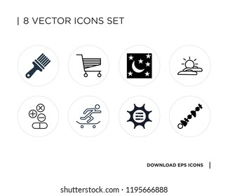 Collection of 8 simple icons such as Skewer, Options, Skateboarding, Drugs, Sunrise, Night, Cart, Brush, universal set for web and mobile