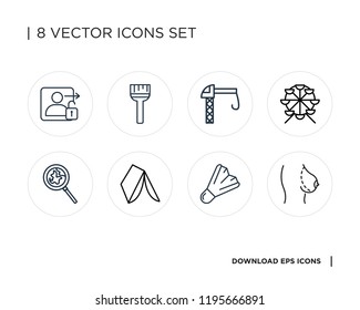 Collection of 8 simple icons such as Breast implant, Badminton, Wigwam, Search, Ferris wheel, Responsive, Paint brush, Login, universal set for web and mobile