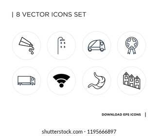 Collection of 8 simple icons such as Townhouse, Stomach, Wifi, Browser, Prize, Responsive, Smartphone, Paint tube, universal set for web and mobile