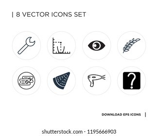 Collection of 8 simple icons such as Question, Hairdryer, Watermelon, Ticket, Leaf, View, Parabola, Increase, universal set for web and mobile