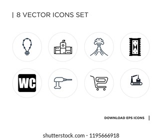 Collection of 8 simple icons such as Conveyor, Trolley, Driller, Toilet, Sand clock, Volcano, Chiller, Necklace, universal set for web and mobile