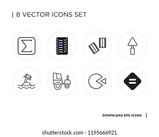 Collection of 8 simple icons such as Equal, Pie chart, Interface, Island, Maximize, Negative film, Planning, The sum of, universal set for web and mobile