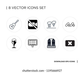 Collection of 8 simple icons such as Close, Refinery, Tablet, Beer, Pills, Rain, No video, Ukelele, universal set for web and mobile