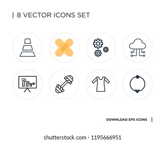 Collection of 8 simple icons such as Necklace, Shirt, Dumbbell, Analytics, Cloud computing, Settings, Band aid, Cone, universal set for web and mobile