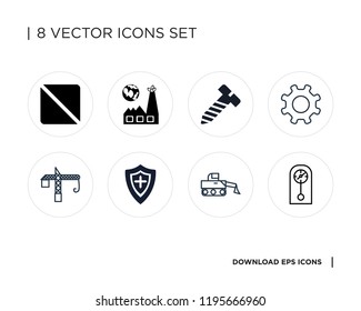 Collection of 8 simple icons such as Clocks, Laptop, Shield, Responsive, Gear, Bolt, Renewable energy, Prohibition, universal set for web and mobile