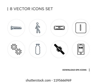 Collection of 8 simple icons such as Stopwatch, Smartwatch, Water, Settings, Info, Air conditioner, Walking, Computer, universal set for web and mobile