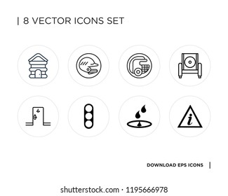 Collection of 8 simple icons such as Information point, Save water, Traffic light, Room, Armchair, Helmet, Cabin, universal set for web and mobile