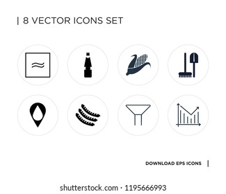 Collection of 8 simple icons such as Statistics, Filter, Sausages, Pin, Tools, Corn, Beer, Is approximately equal to, universal set for web and mobile