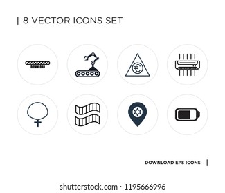 Collection of 8 simple icons such as Battery, Placeholder, Film roll, Anj, Air conditioner, Shield, Conveyor, Download, universal set for web and mobile