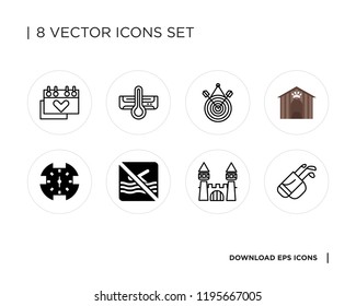 Collection of 8 simple icons such as Golf, Castle, No swimming, Wall clock, Kennel, Target, Air conditioner, Calendar, universal set for web and mobile