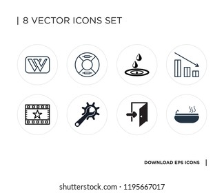 Collection of 8 simple icons such as Jacuzzi, Exit, Maintenance, Premier, Bar chart, Save water, Lifeguard, Wikipedia, universal set for web and mobile