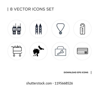 Collection of 8 simple icons such as Payment, Computer, Tree, Cart, Door hanger, Necklace, Tower, Walkie talkie, universal set for web and mobile