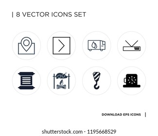 Collection of 8 simple icons such as Wall clock, Crane, Chicken, Scroll, Gateway, Delivery truck, Is greater than, Map, universal set for web and mobile