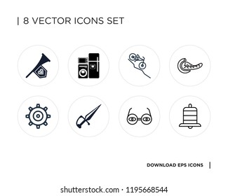 Collection of 8 simple icons such as Alarm, 3d glasses, Dagger, Monitor, Pancreas, Downhill, Electrical appliances, Fanfare, universal set for web and mobile