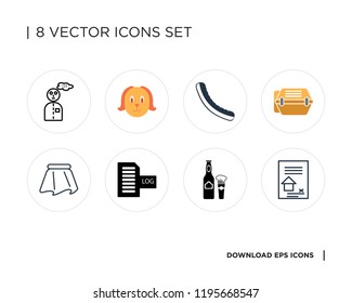 Collection of 8 simple icons such as Contract, Beer, Log, Skirt, Animal carrier, Sausage, Dog, Mathematician, universal set for web and mobile