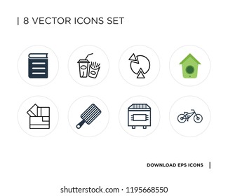 Collection of 8 simple icons such as Biking, Trash bin, Board, Card, Birdhouse, Pie chart, Fast food, Book, universal set for web and mobile