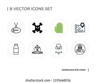 Collection of 8 simple icons such as Catcher, Bikini, Fountain, Bottle, Map, Glove, Poison, Card, universal set for web and mobile