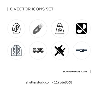 Collection of 8 simple icons such as Belt, No plug, Seat, Tablet, Phone, Shopping bag, Razor, Kitchen timer, universal set for web and mobile