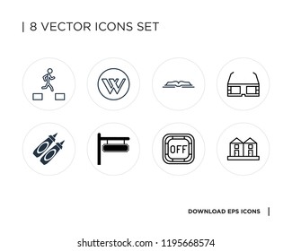 Collection of 8 simple icons such as Terraced Houses, Off button, , Sauce, 3d glasses, Open book, Wikipedia, Parkour, universal set for web and mobile