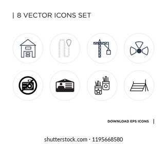 Collection of 8 simple icons such as Tent, Pencil case, Id card, No camera, Nuclear, Crane, Leash, Tablet, universal set for web and mobile