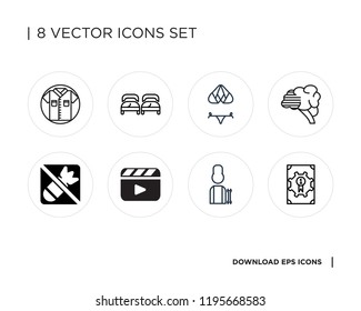 Collection of 8 simple icons such as Award, Worker, Video player, No bombs, Brain, Bikini, Beds, Uniform, universal set for web and mobile