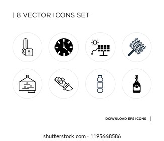 Collection of 8 simple icons such as Beer, Water, Cutter, Blackboard, Sausage, Solar plug, Clock, Thermometer, universal set for web and mobile