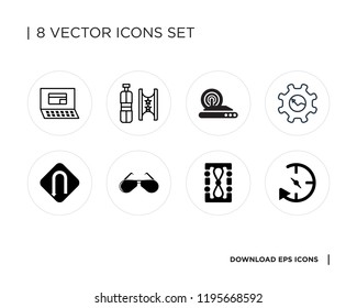 Collection of 8 simple icons such as Future, Hourglass, Glasses, Turn, Gear, Wireless internet, Ticket, Payment, universal set for web and mobile