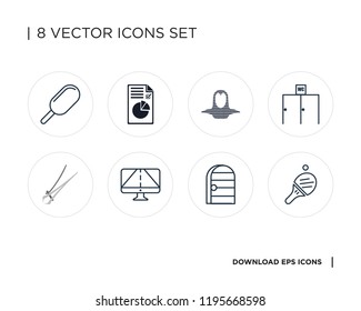 Collection of 8 simple icons such as Table tennis, Browser, Gps, Nail trimmer, Toilet, Coif, Plan, Ice cream, universal set for web and mobile
