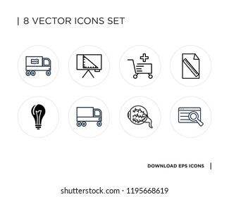 Collection of 8 simple icons such as Search, Eye, Garbage truck, Lamp, File, Cart, Triangle, Recycling universal set for web and mobile