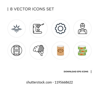 Collection of 8 simple icons such as Canned food, Pet Brain, Target, Technician, Settings, Coffee machine, Sunset, universal set for web and mobile