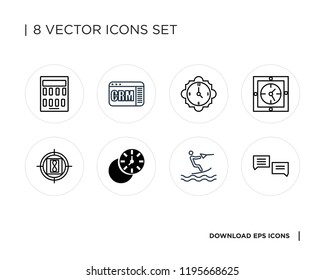 Collection of 8 simple icons such as Chat, Wakeboarding, Clock, Countdown, Wall clock, 15 minutes, CRM, Calculator, universal set for web and mobile