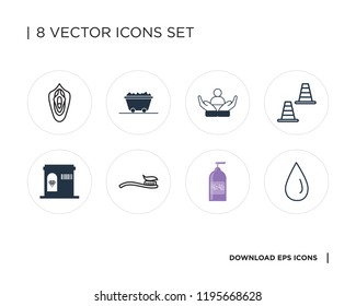 Collection of 8 simple icons such as Water drop, Shampoo, Tooth Brush, Jewelry store, Cone, Social care, Coal, Vagina, universal set for web and mobile