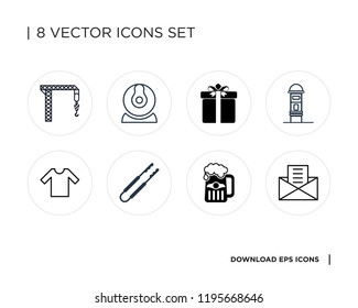 Collection of 8 simple icons such as Invoice, Beer, Clamp, Shirt, Mailbox, Gift, Webcam, Crane, universal set for web and mobile