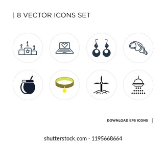Collection of 8 simple icons such as Shower, Wind energy, Collar, Cauldron, Conch shell, Earring, Laptop, Pedestal, universal set for web and mobile