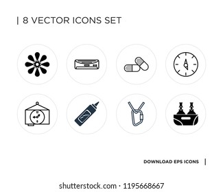 Collection of 8 simple icons such as Beer, Climbing, Sauce, Idea, Time left, Pill, Air conditioner, Flower, universal set for web and mobile