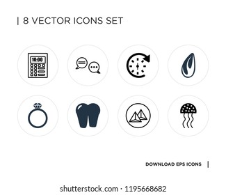Collection of 8 simple icons such as Jellyfish, Pyramid, Tooth, Ring, Fire, 24 hours, Chat, Calendar, universal set for web and mobile
