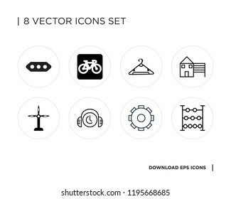 Collection of 8 simple icons such as Abacus, Settings, Customer service, Windmill, House, Hanger, Bicycle, More, universal set for web and mobile