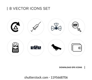 Collection of 8 simple icons such as Wallet, Animal, Packages, Beer, Buy, Settings, Syringe, Recycling, universal set for web and mobile