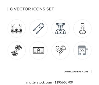 Collection of 8 simple icons such as Bus stop, Waiter, Card, 3d, Penis, Professor, Jump rope, Cinema, universal set for web and mobile